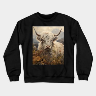 Highland Cattle Wildflowers Retro Art | Vintage-Inspired Landscape with Scottish Cows Crewneck Sweatshirt